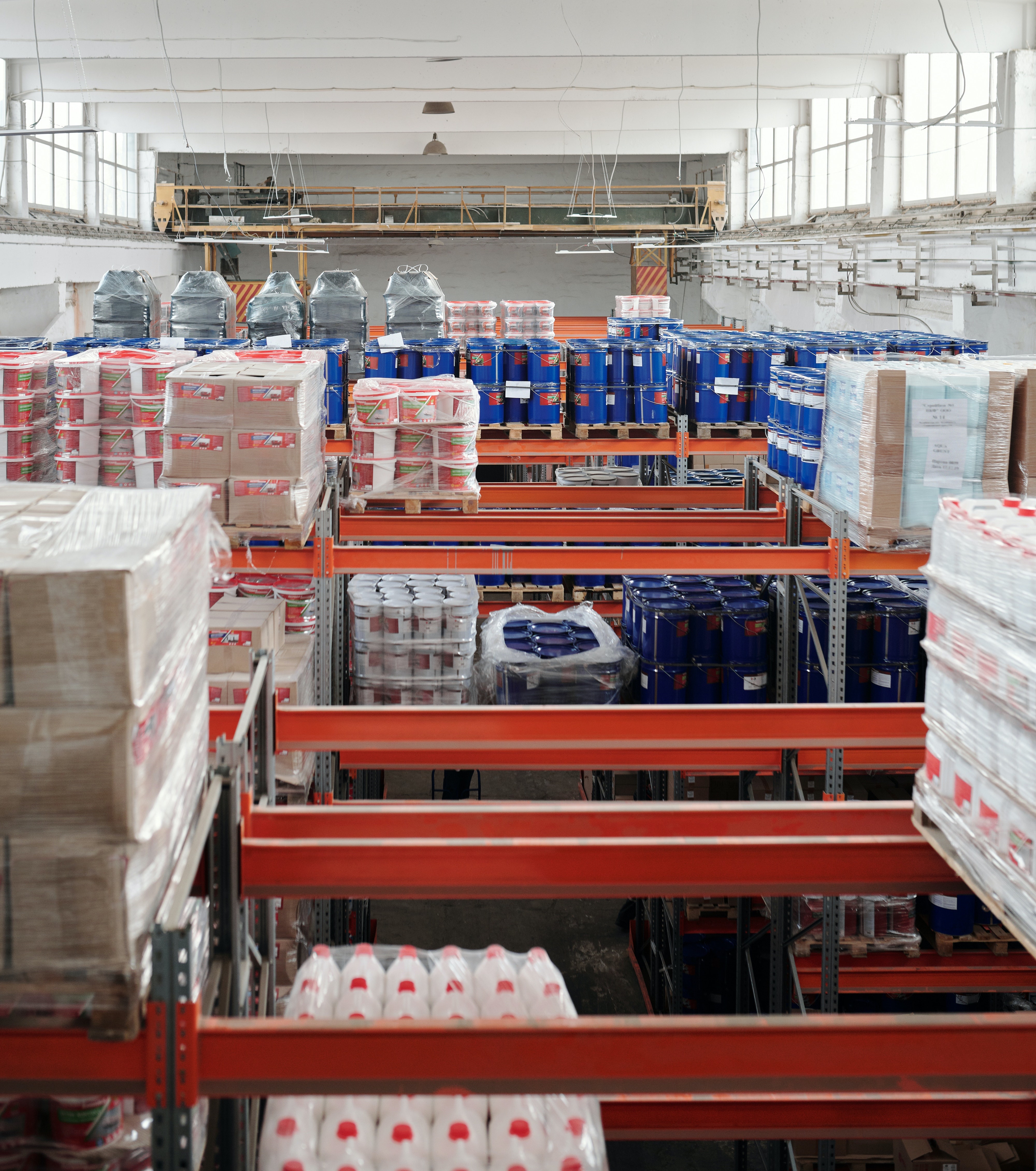 Warehouse of wrapped up pallets